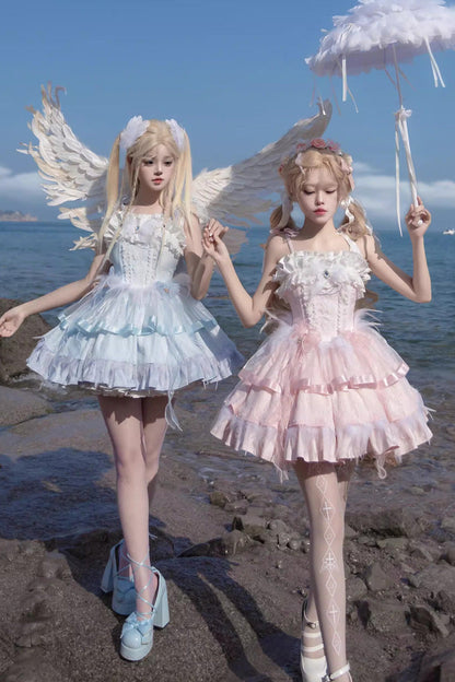 Ballet-Inspired Multi-Layer Ruffle JSK Dress with Bowknot in Three Hues - EtherealGrace