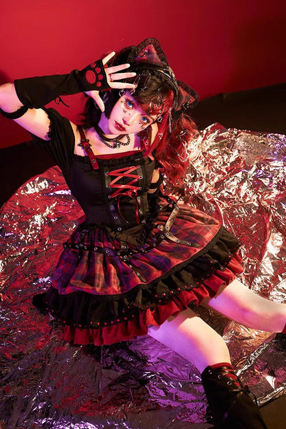 Crimson & Charcoal Floral Ruffle Laced Japanese Goth Princess JSK