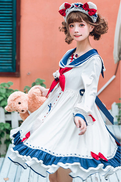 Ivory Navy Collar Chiffon Sea Bear Print Bow Ruffled Sweet Lolita OP