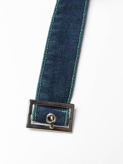 Denim Shiny Waisted Skirt A-Line Green Belted Chic High Tulle