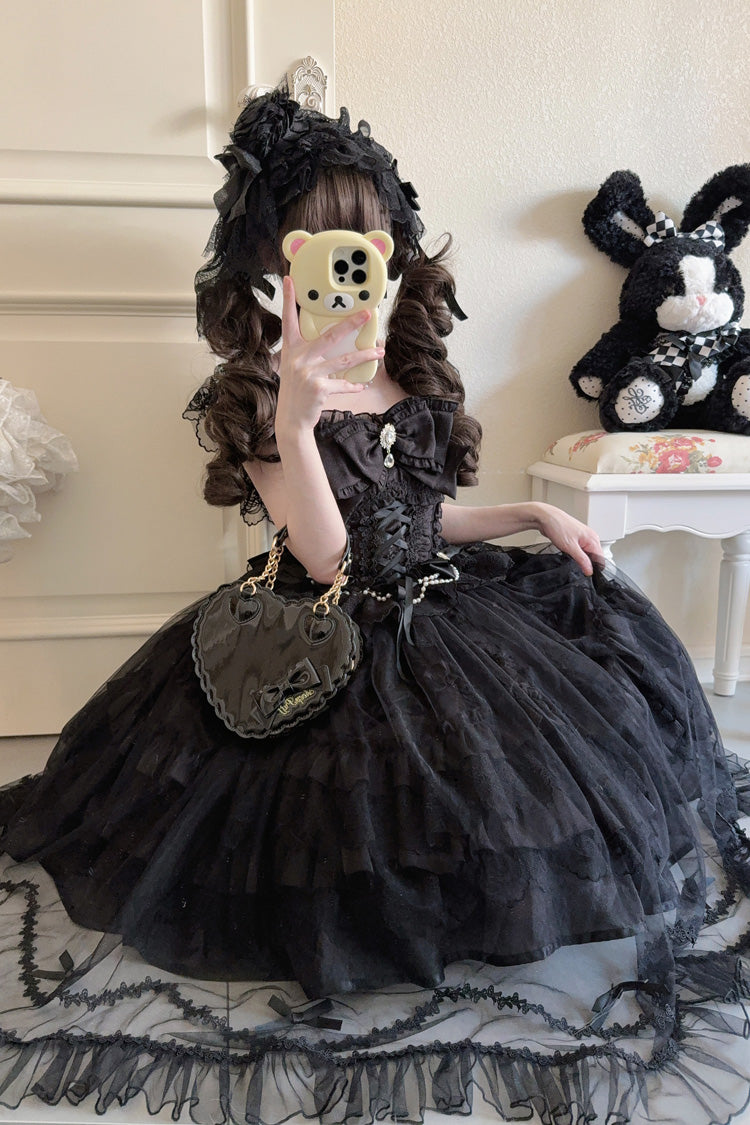 Gothic Lolita JSK Dress with Hanayome Ruffles and Lace-Up Back in Black