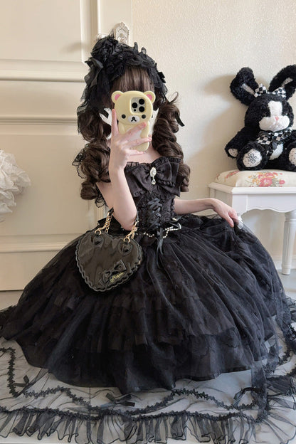 Gothic Lolita JSK Dress with Hanayome Ruffles and Lace-Up Back in Black