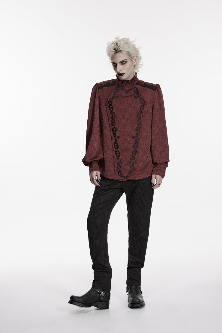 Crimson High-Neck Gothic Palace Shirt with Jacquard and Detachable Tie