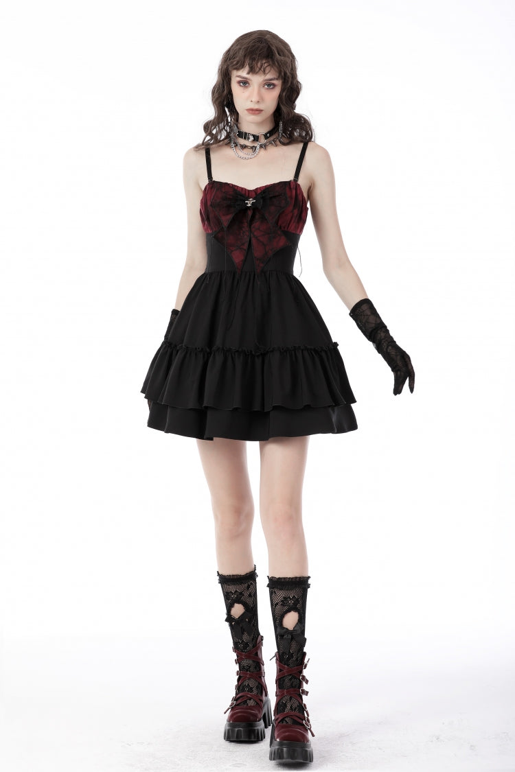 Crimson & Obsidian Sleeveless Bowknot Lace-Up Double-Layered Frilly Gothic Slip Graduation Dress