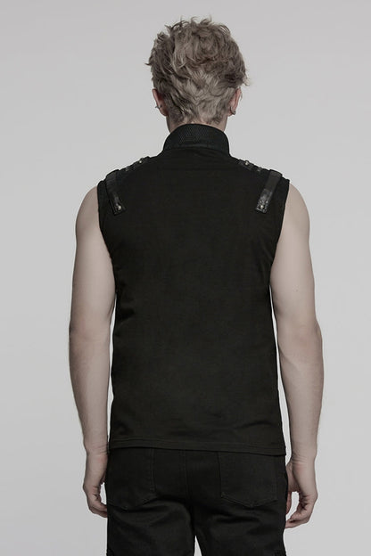 Men's Black Punk Vest, Sleeveless with Mesh, Stitching and Zipper