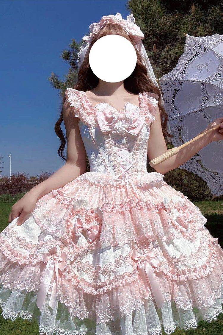 Blush Square Collar Flutter Sleeve Jacquard Ruffle Bow Lace JSK - Heart Bear