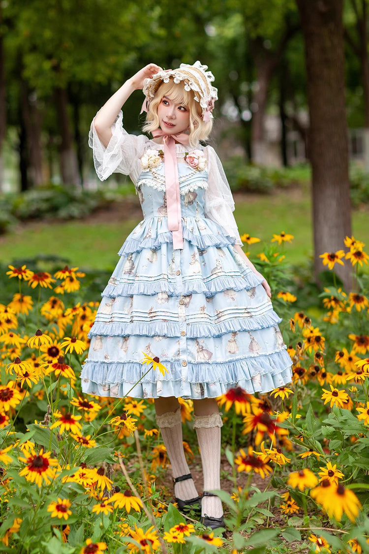 Multi-Layer Ruffle Sweet Elegant Lolita JSK Dress with Rabbit Dance Print - 4 Colors