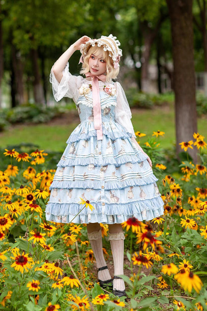 Multi-Layer Ruffle Sweet Elegant Lolita JSK Dress with Rabbit Dance Print - 4 Colors