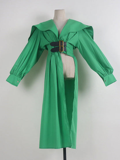 Pleated Black Asymmetric Lapel Waisted Long High Modern Belted