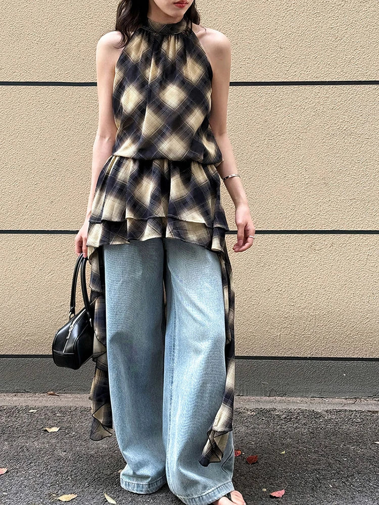 Asymmetric Khaki Plaid Neck Sleeveless Top High-Low Uniaue Halter