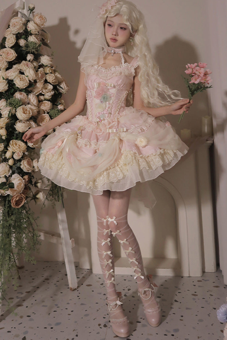 Blush Ruffled Embroidered Bow Lace Fishbone Princess JSK