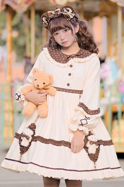 Sweet Lolita OP Gown with Round Collar, Lantern Sleeves & Cute Bear Motif