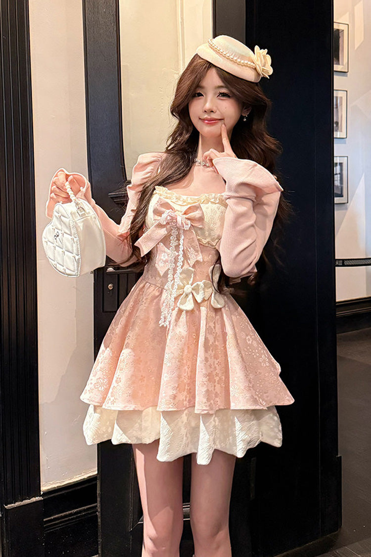 Blush Square Collar Long-Sleeve Printed Ruffle Bow Dress with Cardigan - Honeyed Blossoms