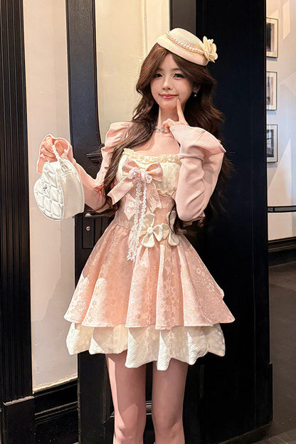 Blush Square Collar Long-Sleeve Printed Ruffle Bow Dress with Cardigan - Honeyed Blossoms