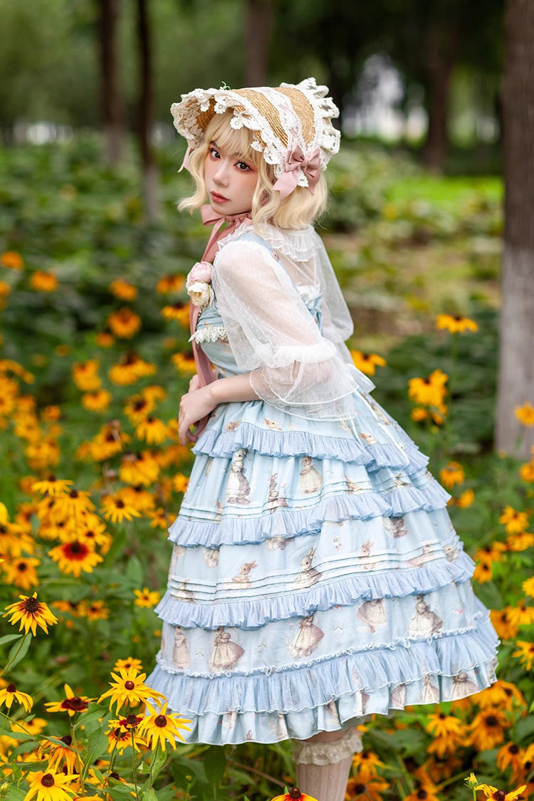 Multi-Layer Ruffle Sweet Elegant Lolita JSK Dress with Rabbit Dance Print - 4 Colors