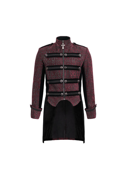 Crimson Vintage Gothic Jacket with Silk Collar and Cross Zipper