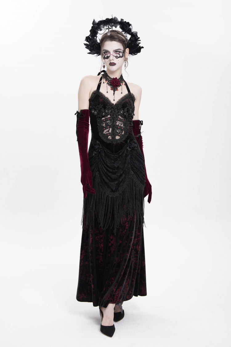 Crimson Gothic Maxi Dress with Floral Embroidery and Lace-Up Pleats
