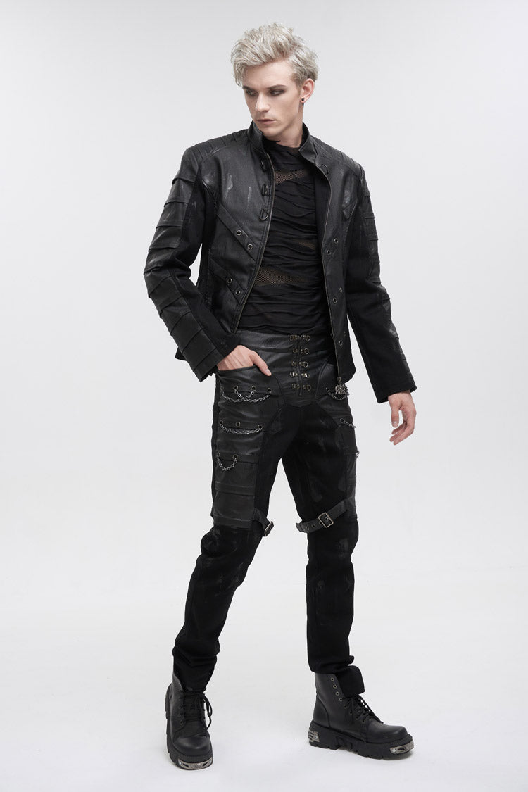 Jet-Black Punk Jacket with Mandarin Collar, Faux Leather Twill for Men