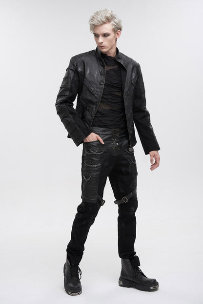 Jet-Black Punk Jacket with Mandarin Collar, Faux Leather Twill for Men