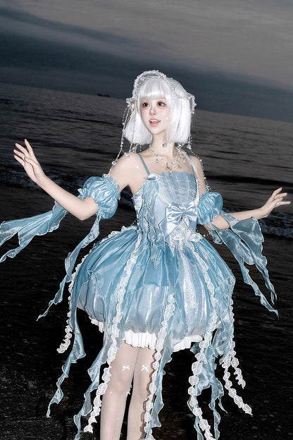 Dreamy Jellyfish Square Collar Printed Ruffled Lace JSK Set