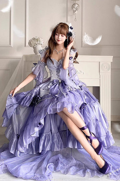 Irregular Sweet Ballet Lolita JSK Dress with Embroidery Bowknot Lace-Up in Misty Purple Swan Wonderland