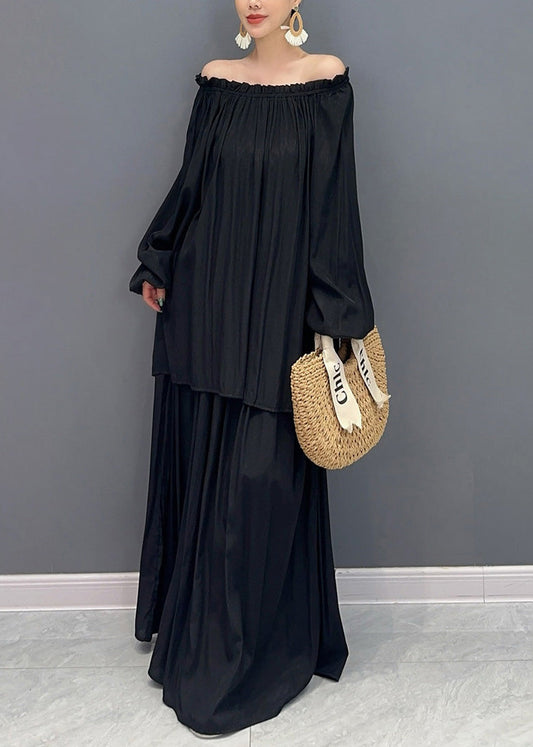 French Black Slash Neck Ruffled Two Pieces Set Lantern Sleeve AO1005