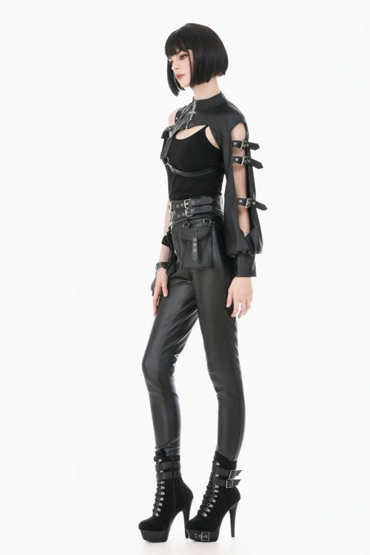 Women's Punk Leather Belt with Eyelet Buckle, Zipper and Side Pouches