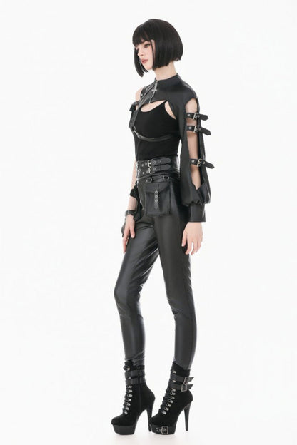 Women's Punk Leather Belt with Eyelet Buckle, Zipper and Side Pouches