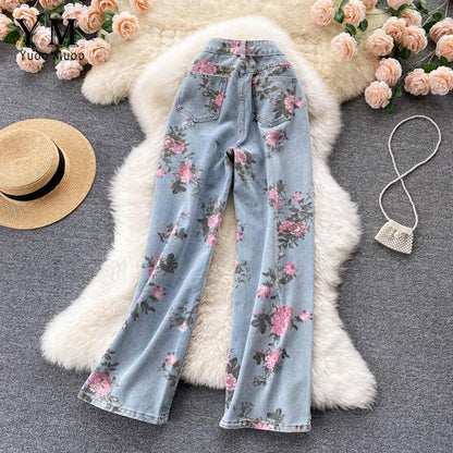 Women Blue Rose Print Wide Leg Denim Pants AR1016