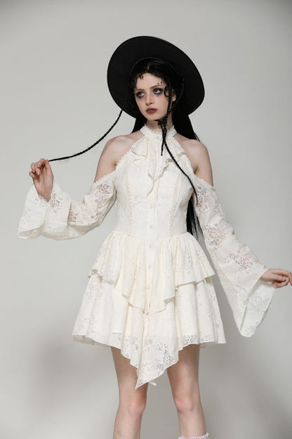 Steampunk Women's Dress with Halter Off-Shoulder Lapel Collar & Flare Sleeves, Cream