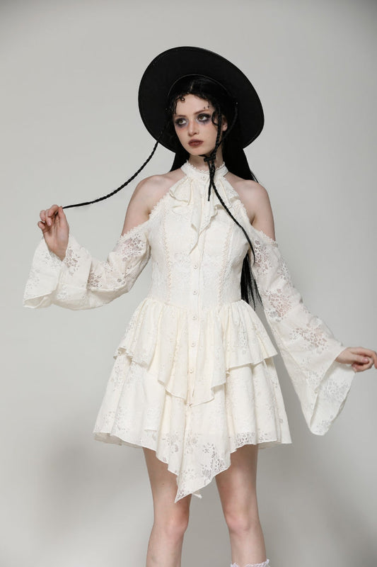Steampunk Women's Dress with Halter Off-Shoulder Lapel Collar & Flare Sleeves, Cream
