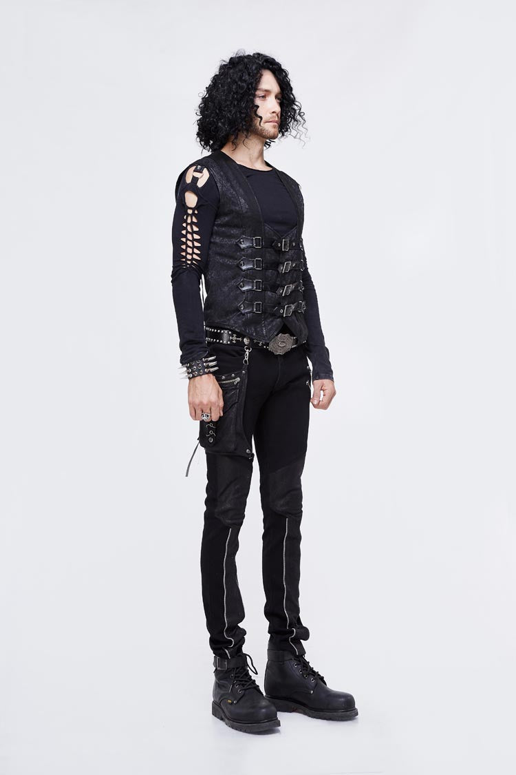 Men's Punk Waistcoat with Lace Up Chest Loop and Heat Seal Backing Splice in Black Jacquard