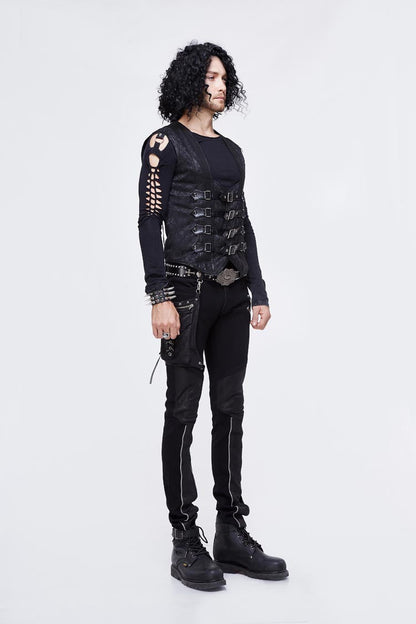 Men's Punk Waistcoat with Lace Up Chest Loop and Heat Seal Backing Splice in Black Jacquard