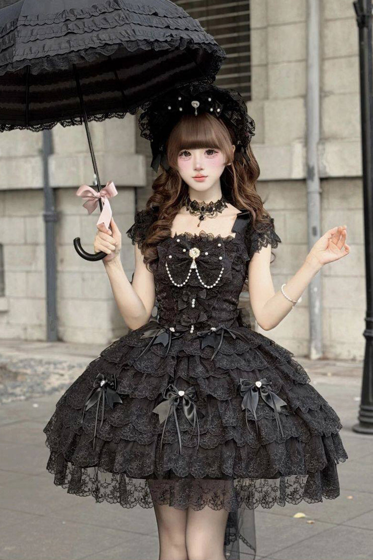 Pearl-Decorated Gothic JSK Dress with Square Collar and Bow in Black