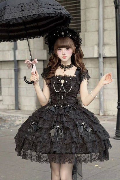 Pearl-Decorated Gothic JSK Dress with Square Collar and Bow in Black