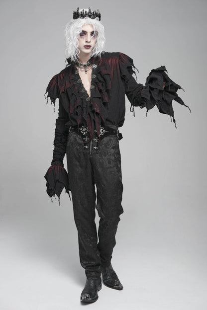Crimson & Obsidian Stand Collar Long Sleeves Ruffled Plunging Gothic Shirt