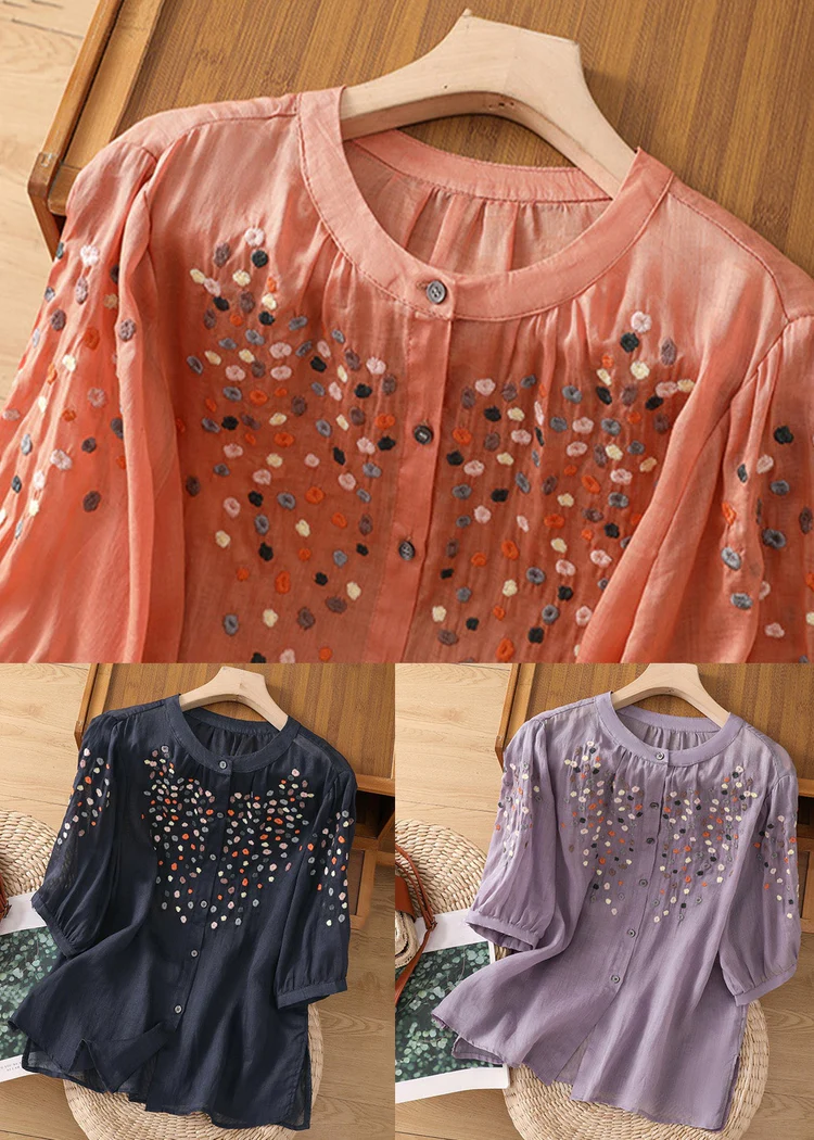 Grace Purple O Neck Embroideried Side Open Linen Blouse Spring QB032