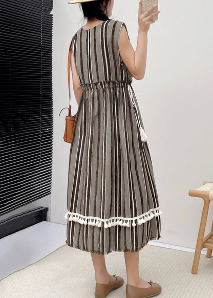 New Striped Ruffled Pockets Lace Up Cotton Dress Sleeveless NN029