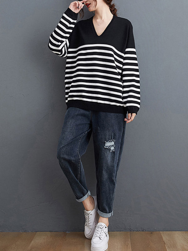 Casual Loose Black V-Neck Contrast Color Striped Long Sleeve Knit Sweater AN1035