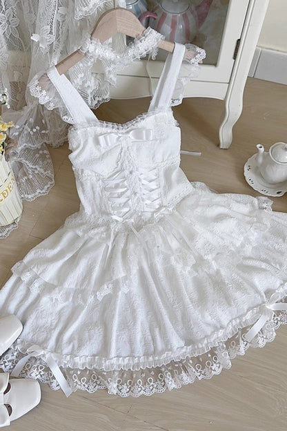 Emerald Leiffu Sleeveless Ruffle Bow Lace-Up Ballet JSK Dress