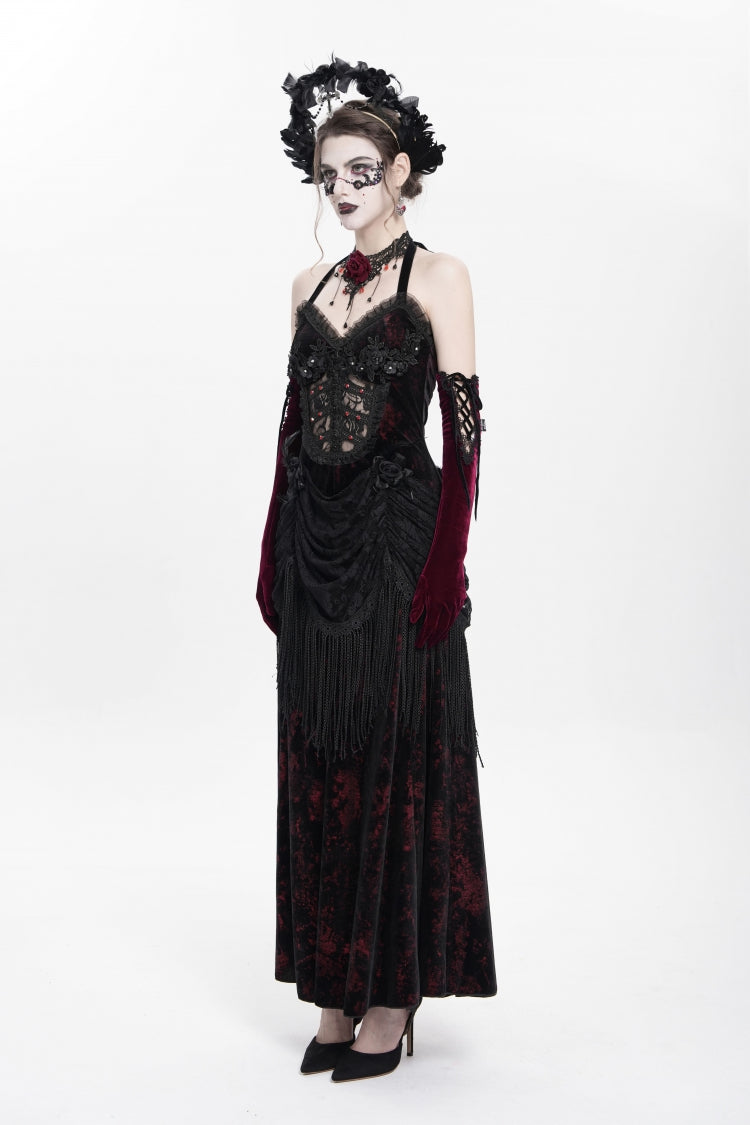 Crimson Gothic Maxi Dress with Floral Embroidery and Lace-Up Pleats
