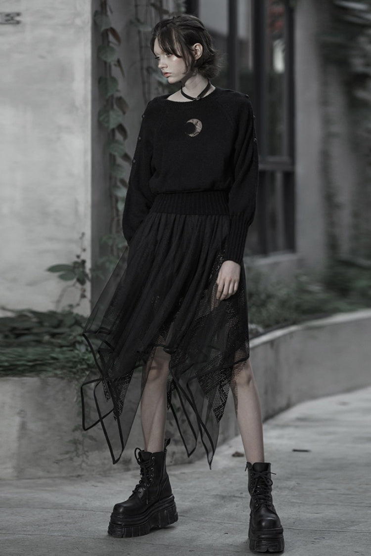 Asymmetric Lace Hem Embroidered Gothic Skirt for Women in Black