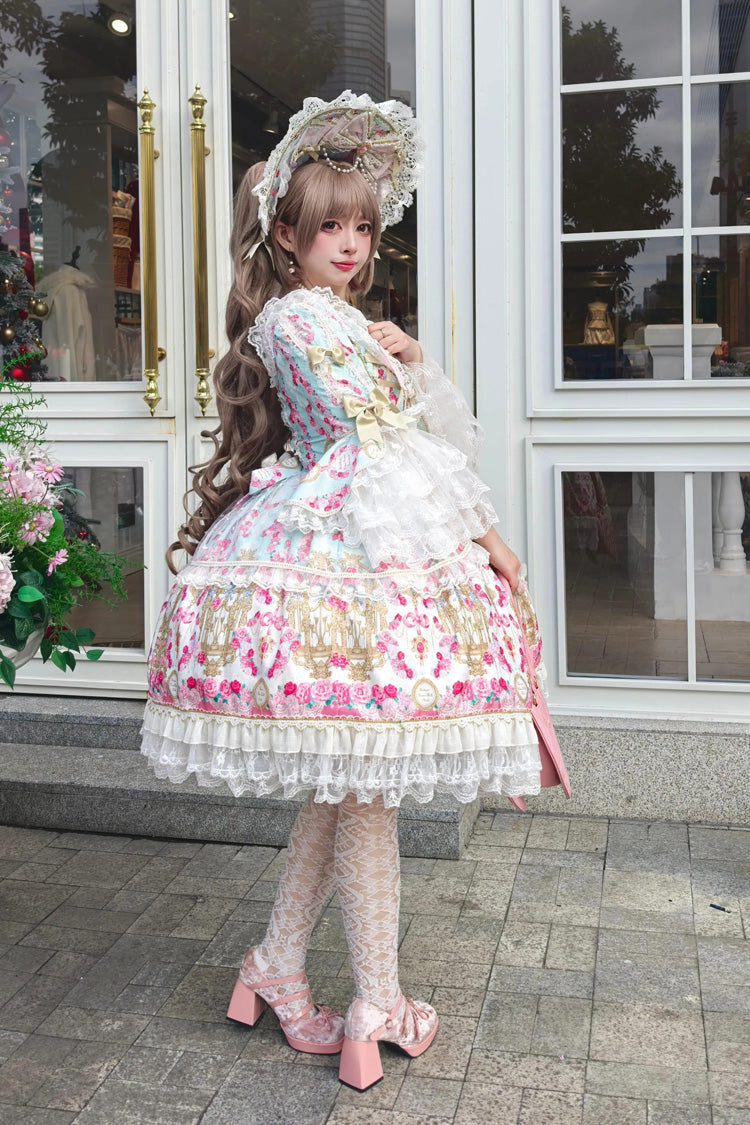 Square Collar Long Trumpet Sleeve Printed Ruffled Bow Lace-Up Sweet Lolita Dress in Mint Green/Pink - Rose Garden Prelude