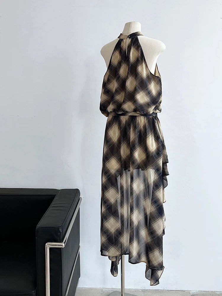 Asymmetric Khaki Plaid Neck Sleeveless Top High-Low Uniaue Halter