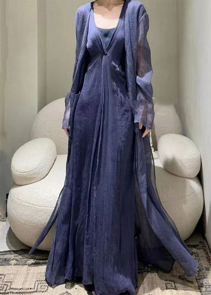 Style Dark Purple Patchwork Tie Waist Tulle Long Dresses Long Sleeve TT1018