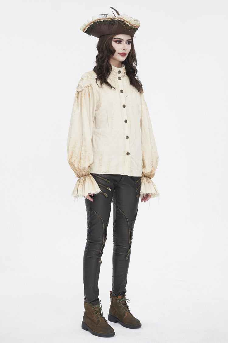 Punk Women's Blouse with Lantern Sleeves, Stand Collar & Printed Lace