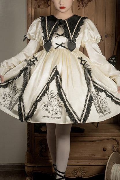 Sweet Lolita OP Dress with Doll Lapel Collar, Little Confused Print & High Waist, Cream