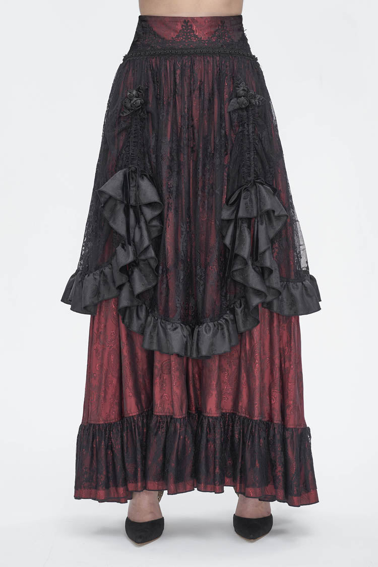 Crimson & Obsidian Ruffle Lace Drawstring Gothic Skirt