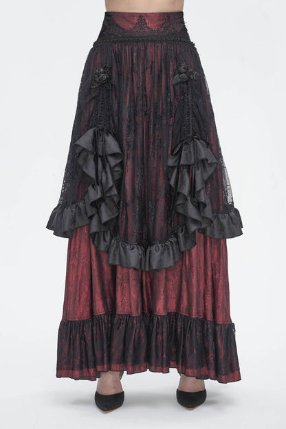 Crimson & Obsidian Ruffle Lace Drawstring Gothic Skirt