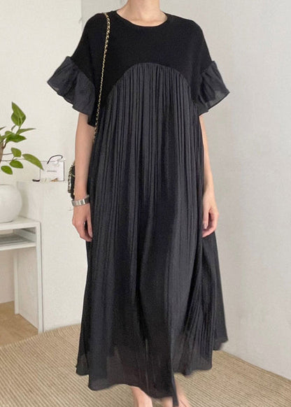 Dress Women Black Patchwork Sleeve Oversized Pleated Butterfly